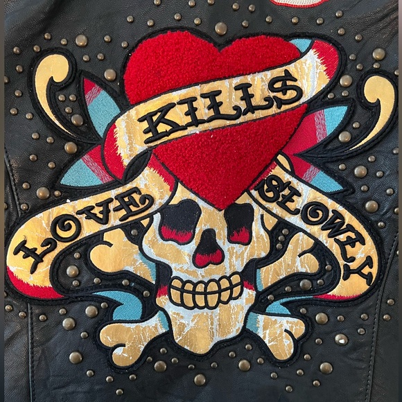 Vintage Ed Hardy Genuine Biker Leather Jacket. Christian Audigier. Size Small. - Picture 8 of 8